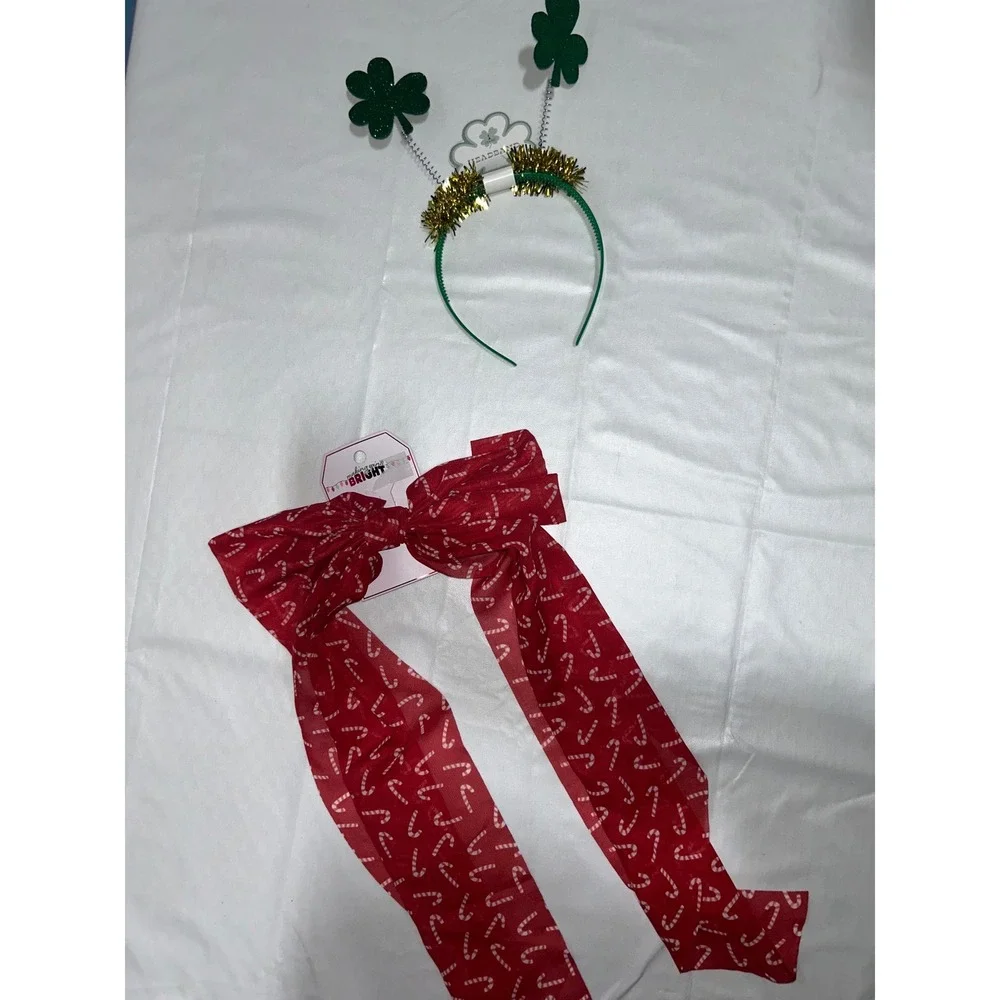 Holiday Hair Accessory Bundle Red Candy Cane Bow and‎ St Patricks Day Headband